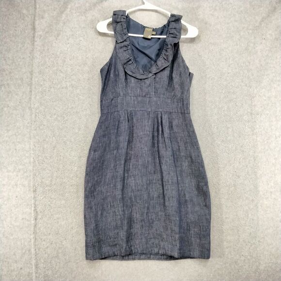 Taylor Dresses & Skirts - Taylor Sheath Dress Linen Wmns Sz 6 Blue Chambray Sleeveless Ruffle V-Neck
